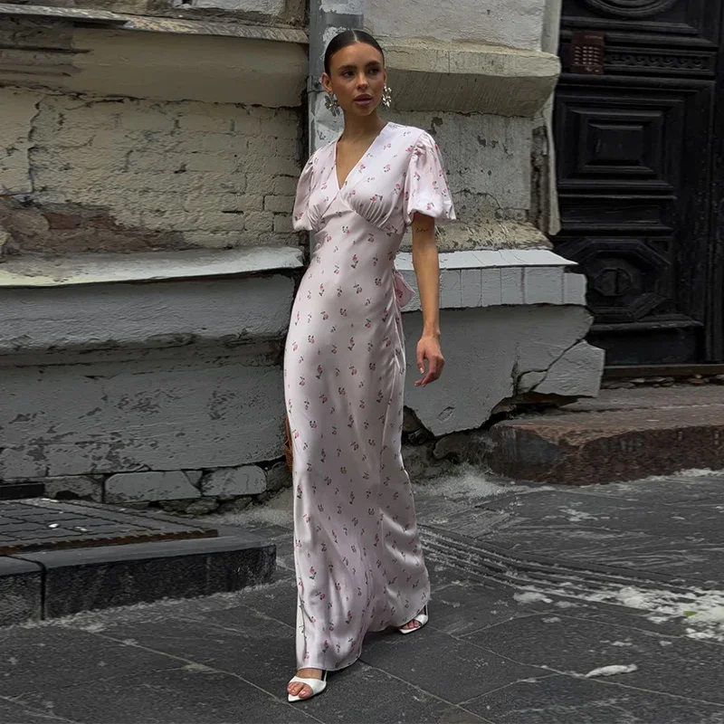 Elegant Print Women Long Dress Fashion V-neck Pleated Flutter Short Sleeve Empire Female Dresses 2026 Summer Chic Female Robe