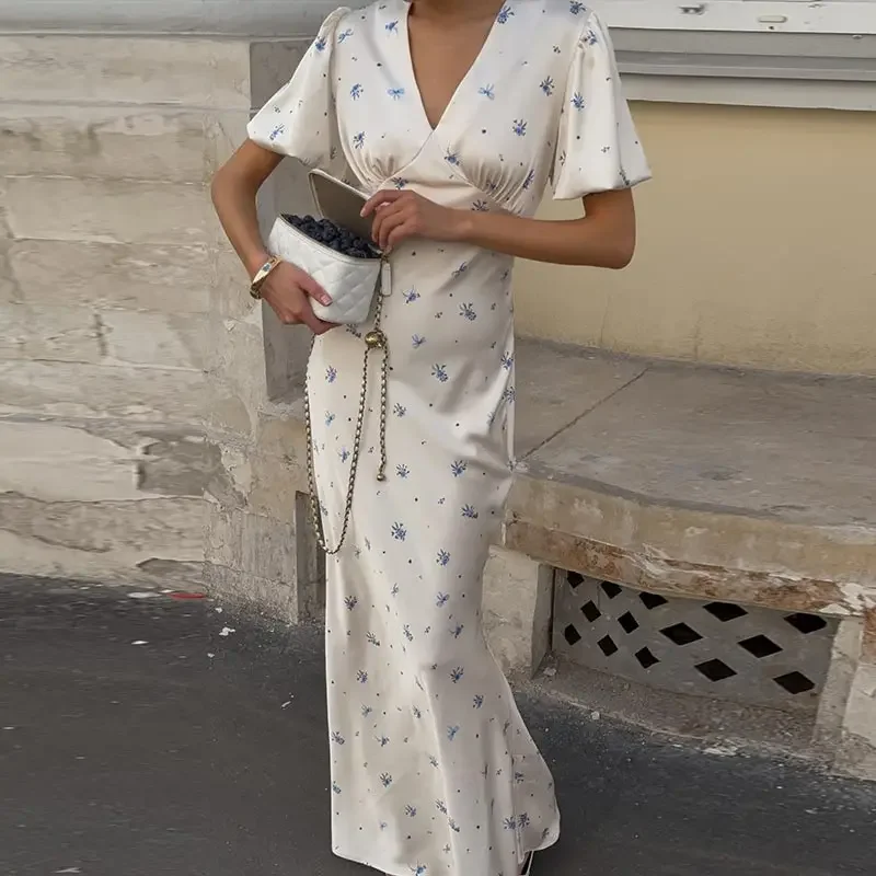 Elegant Print Women Long Dress Fashion V-neck Pleated Flutter Short Sleeve Empire Female Dresses 2026 Summer Chic Female Robe