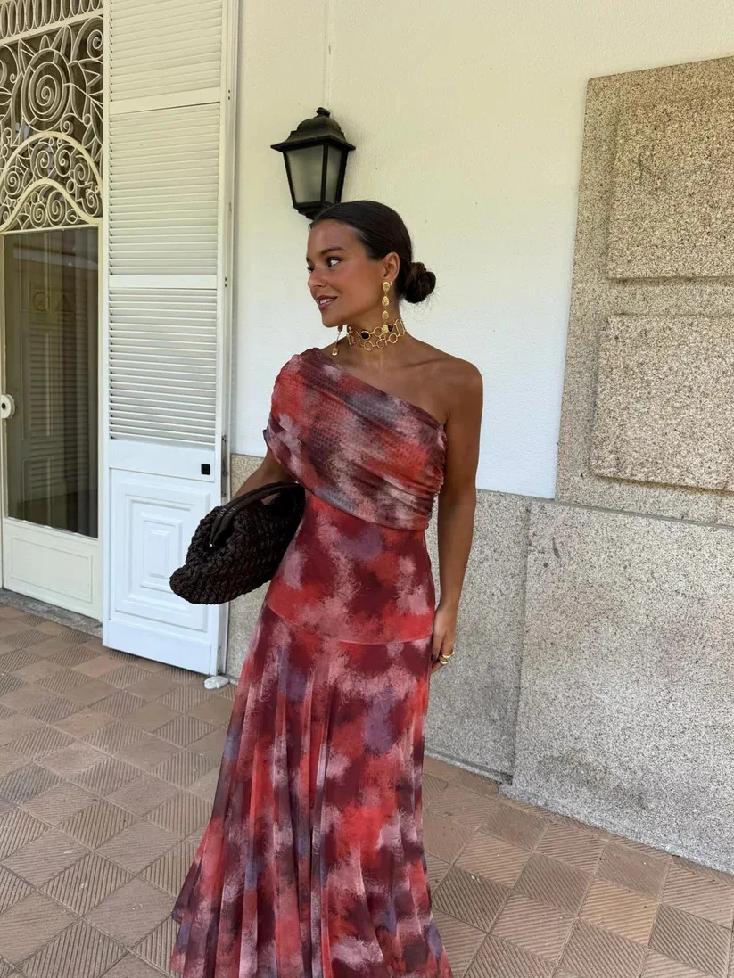 Vintage Off Shoulder Printed Maxi Dress Women Sleeveless Chiffon Ruched Long Dress Elegant Vacation Wedding Guest Party Vestidos