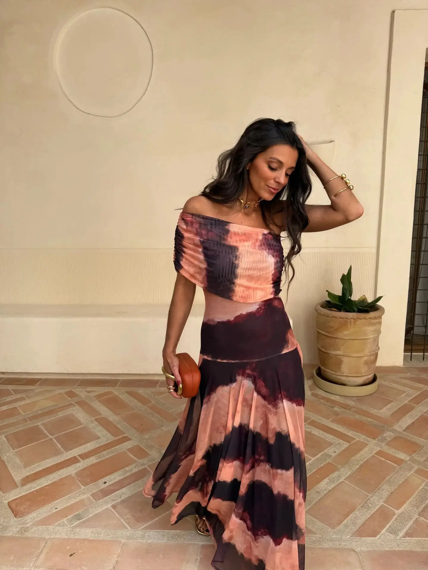 Vintage Off Shoulder Printed Maxi Dress Women Sleeveless Chiffon Ruched Long Dress Elegant Vacation Wedding Guest Party Vestidos