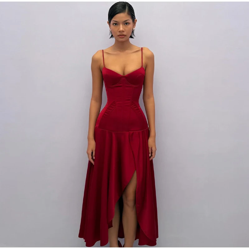 Slit Waist Cinching Evening Dress V Neck Sleeveless Slim Irregular Long Women's Summer Dresses New Elegant Party Robe 2026