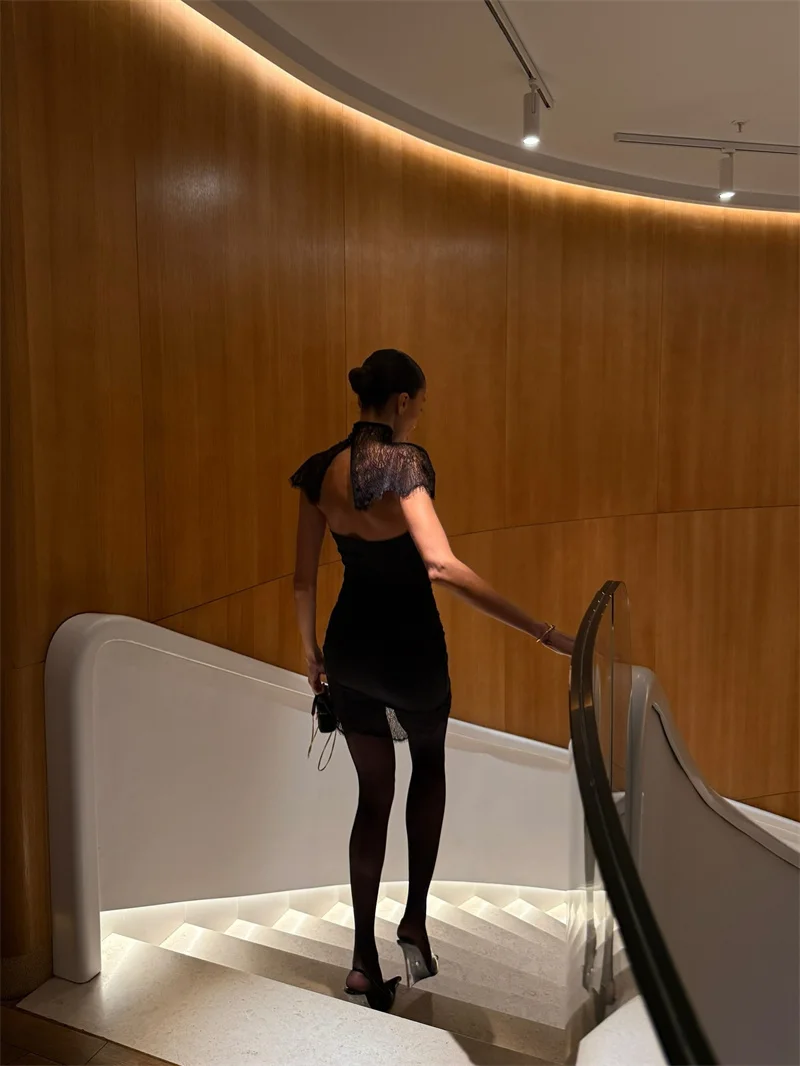 Mozision Lace Backless Sexy Mini Dress Women Gown Elegant See Through Turtleneck Sleeveless Bodycon Club Party Dresses Female