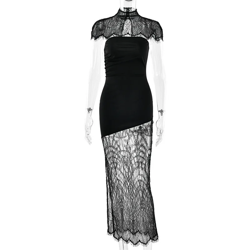 Mozision Lace Backless Sexy Mini Dress Women Gown Elegant See Through Turtleneck Sleeveless Bodycon Club Party Dresses Female