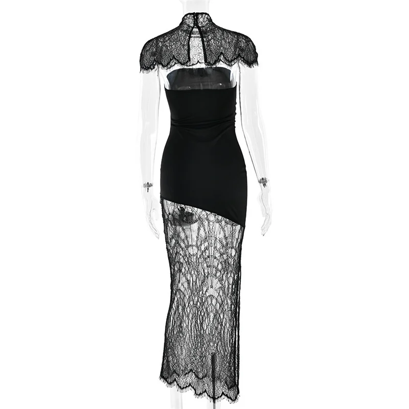 Mozision Lace Backless Sexy Mini Dress Women Gown Elegant See Through Turtleneck Sleeveless Bodycon Club Party Dresses Female