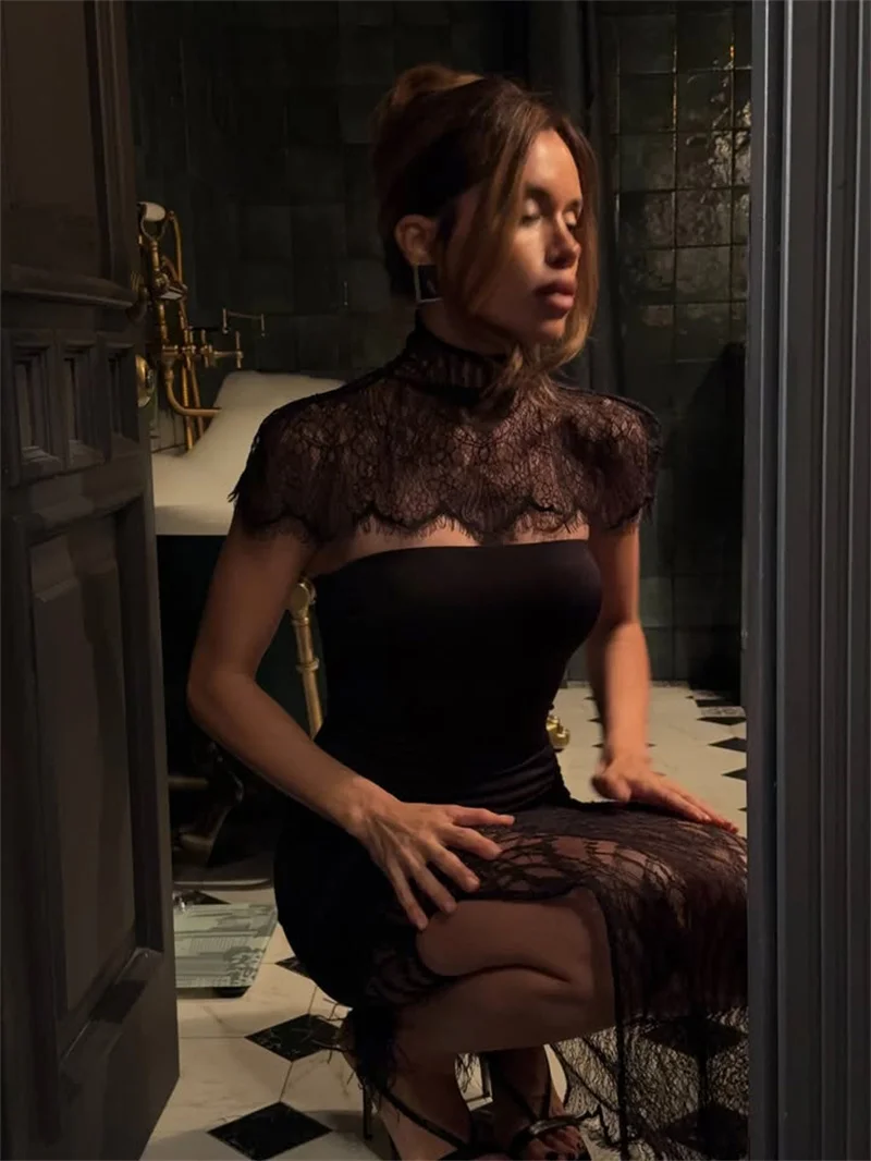 Mozision Lace Backless Sexy Mini Dress Women Gown Elegant See Through Turtleneck Sleeveless Bodycon Club Party Dresses Female