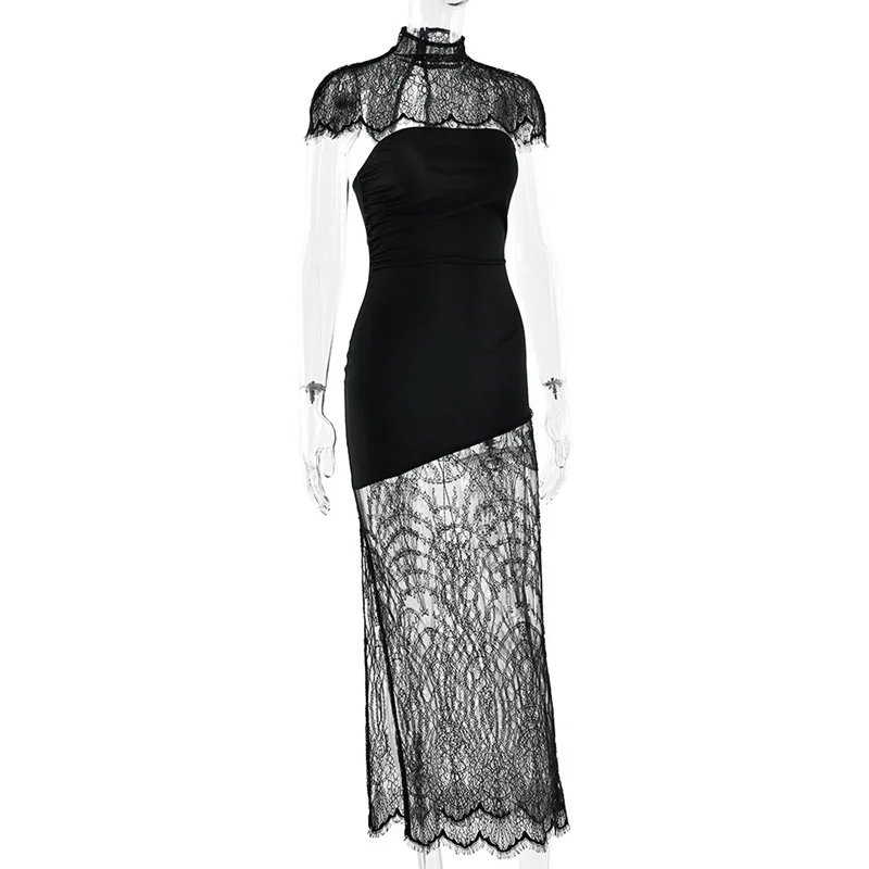 Mozision Lace Backless Sexy Mini Dress Women Gown Elegant See Through Turtleneck Sleeveless Bodycon Club Party Dresses Female
