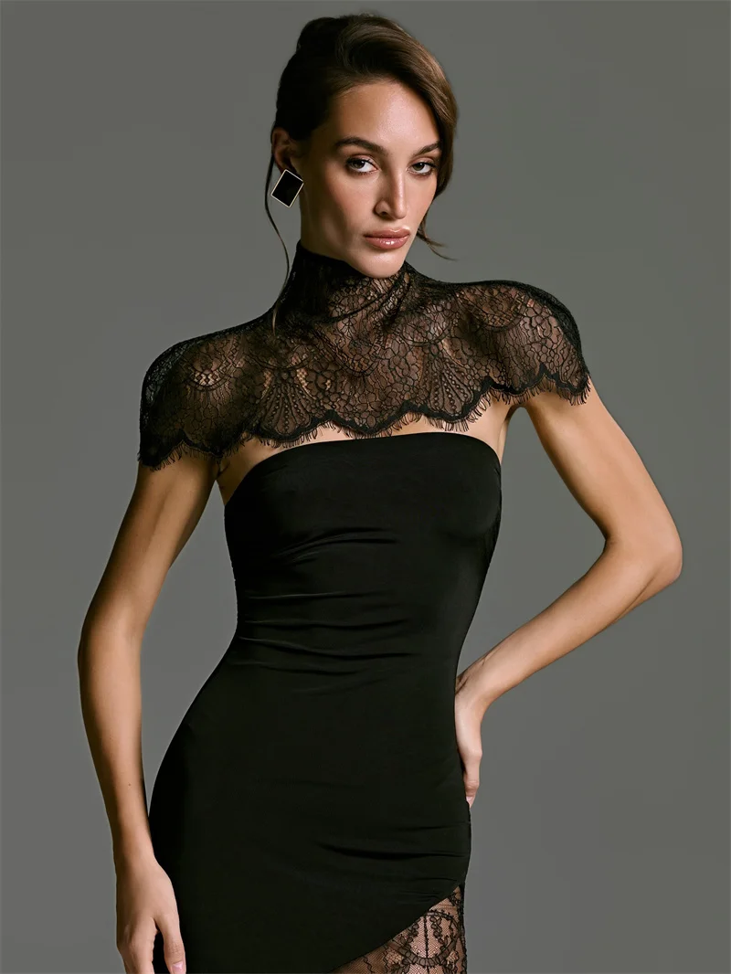 Mozision Lace Backless Sexy Mini Dress Women Gown Elegant See Through Turtleneck Sleeveless Bodycon Club Party Dresses Female