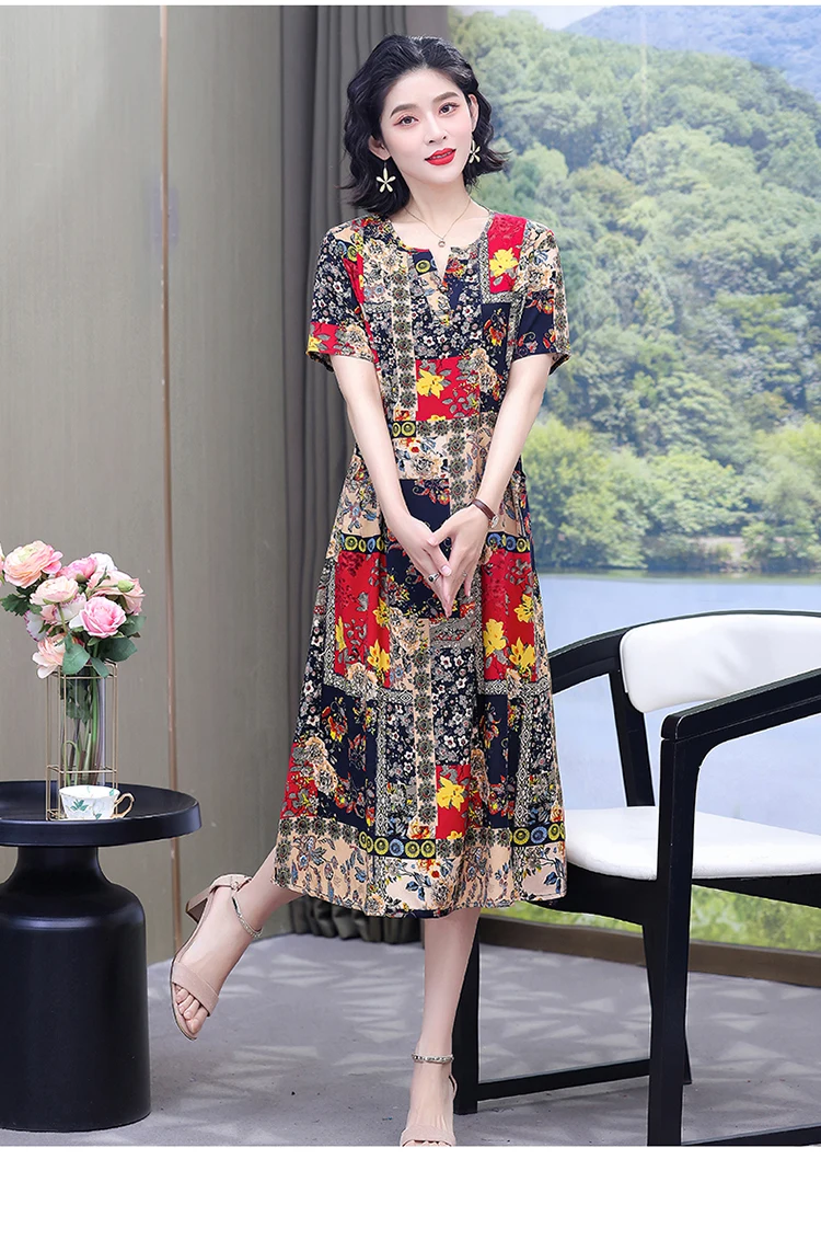 New Hot Fashion 2025 Casual Print Women Summer Dresses For Women Clothing Cotton Vintage Dress Plus Size