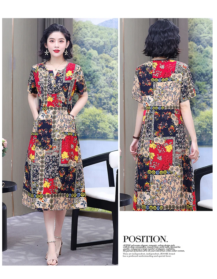 New Hot Fashion 2025 Casual Print Women Summer Dresses For Women Clothing Cotton Vintage Dress Plus Size