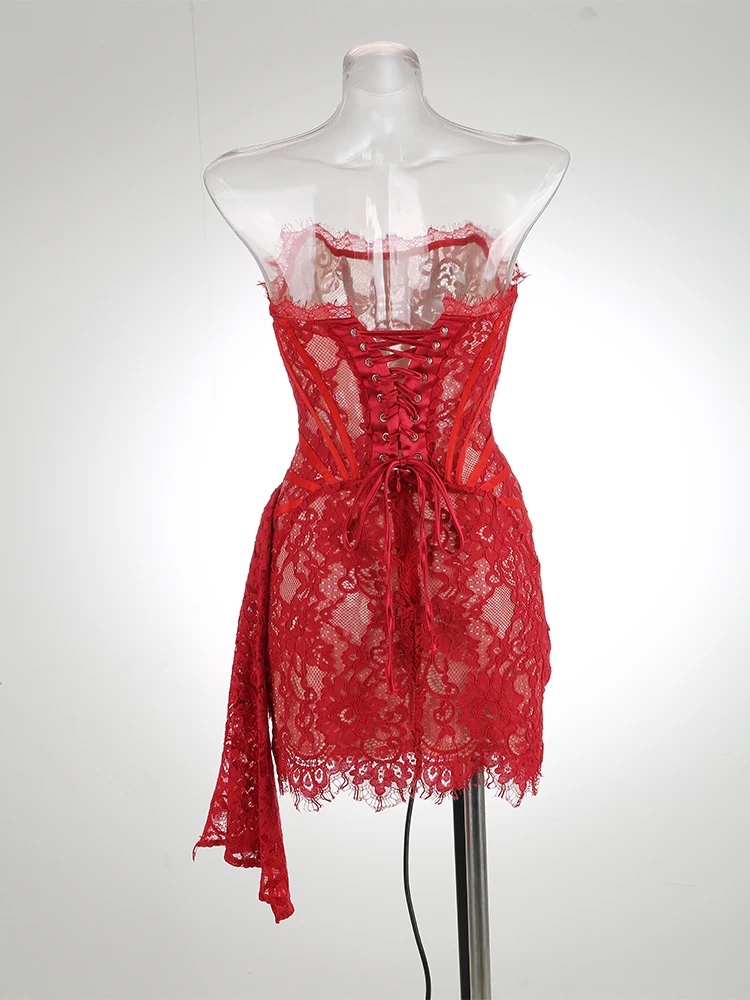 VC Christmas Dress For Women Red Lace Sexy Strapless Sleeveless Slim Supper Short Dress With Lace-Up
