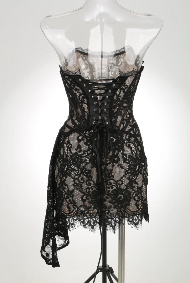 VC Christmas Dress For Women Red Lace Sexy Strapless Sleeveless Slim Supper Short Dress With Lace-Up