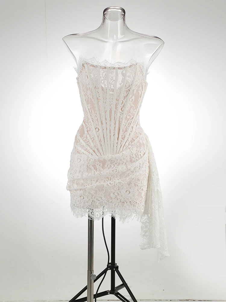 VC Christmas Dress For Women Red Lace Sexy Strapless Sleeveless Slim Supper Short Dress With Lace-Up