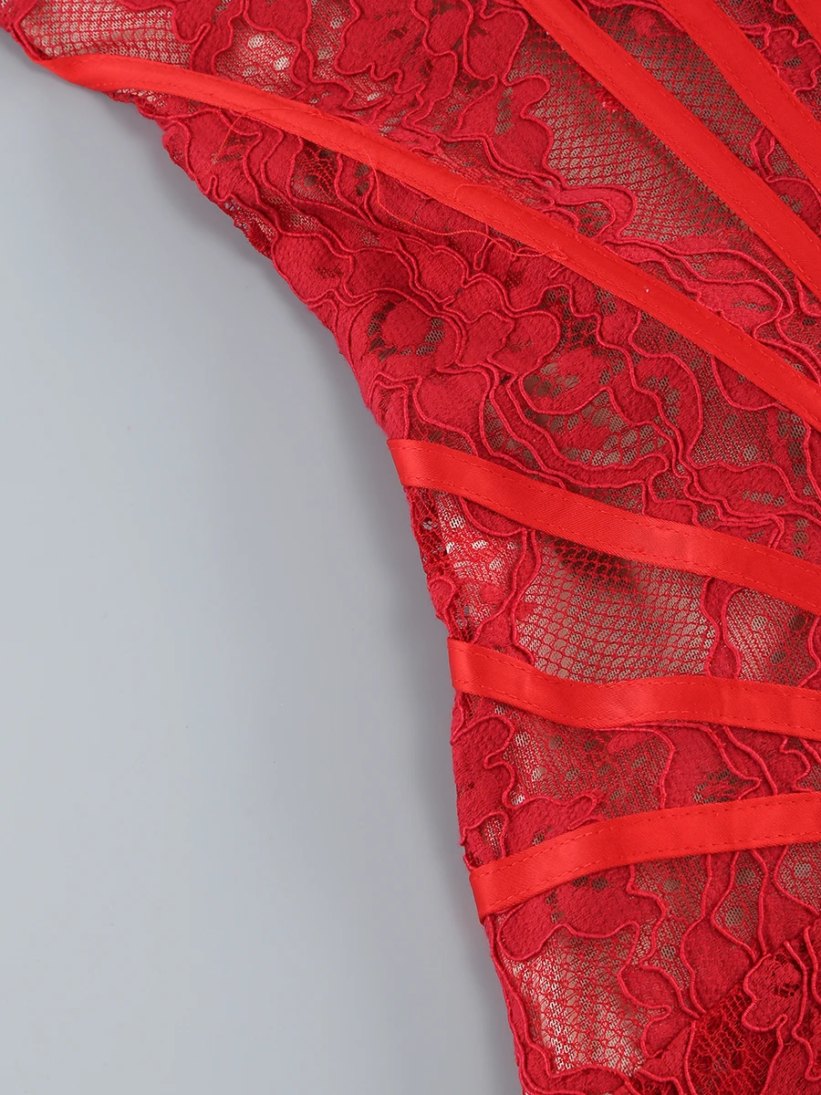 VC Christmas Dress For Women Red Lace Sexy Strapless Sleeveless Slim Supper Short Dress With Lace-Up