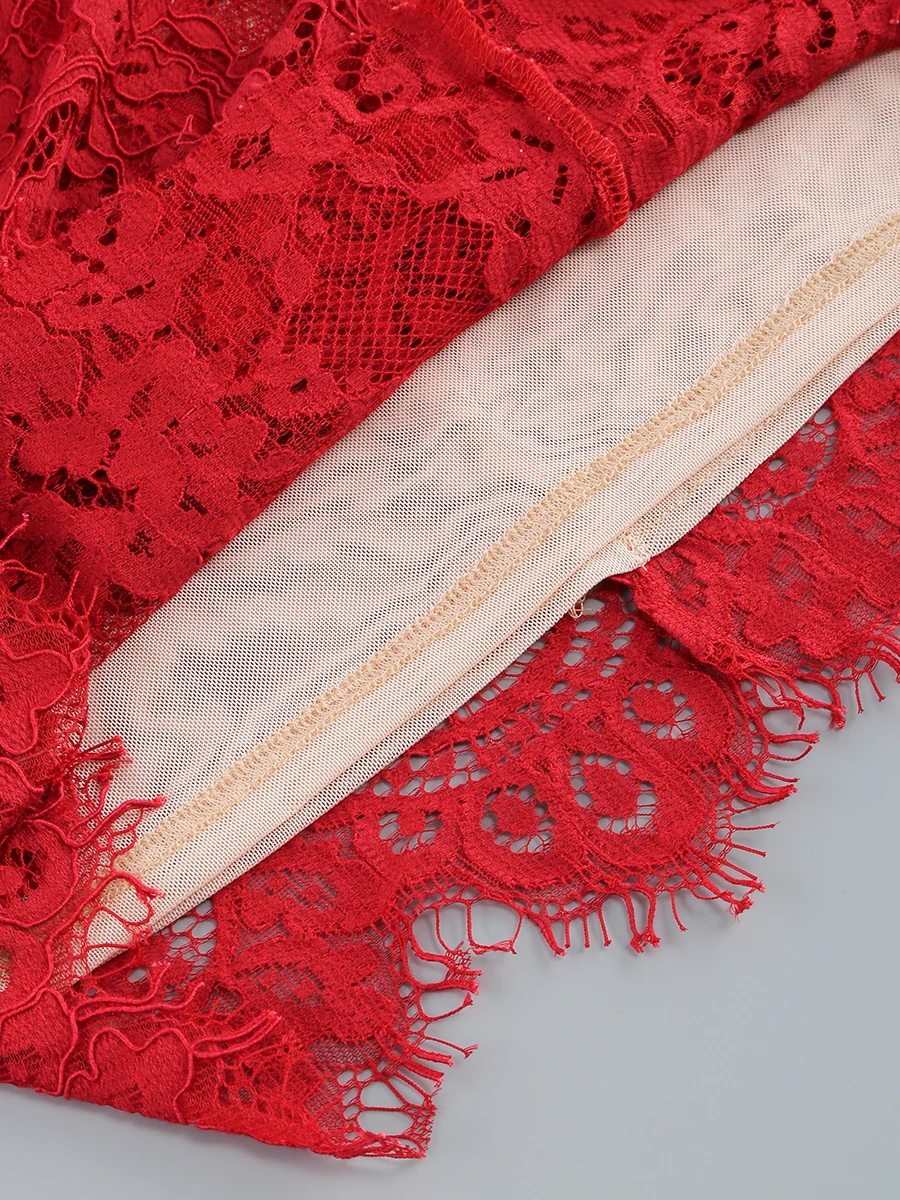 VC Christmas Dress For Women Red Lace Sexy Strapless Sleeveless Slim Supper Short Dress With Lace-Up