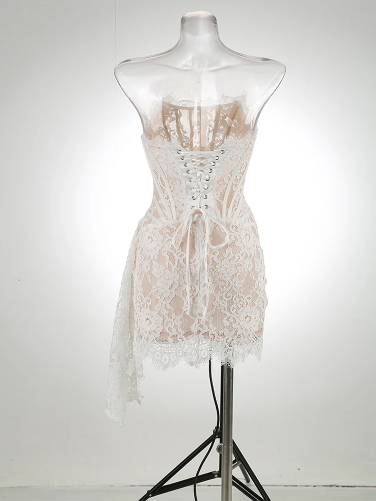 VC Christmas Dress For Women Red Lace Sexy Strapless Sleeveless Slim Supper Short Dress With Lace-Up