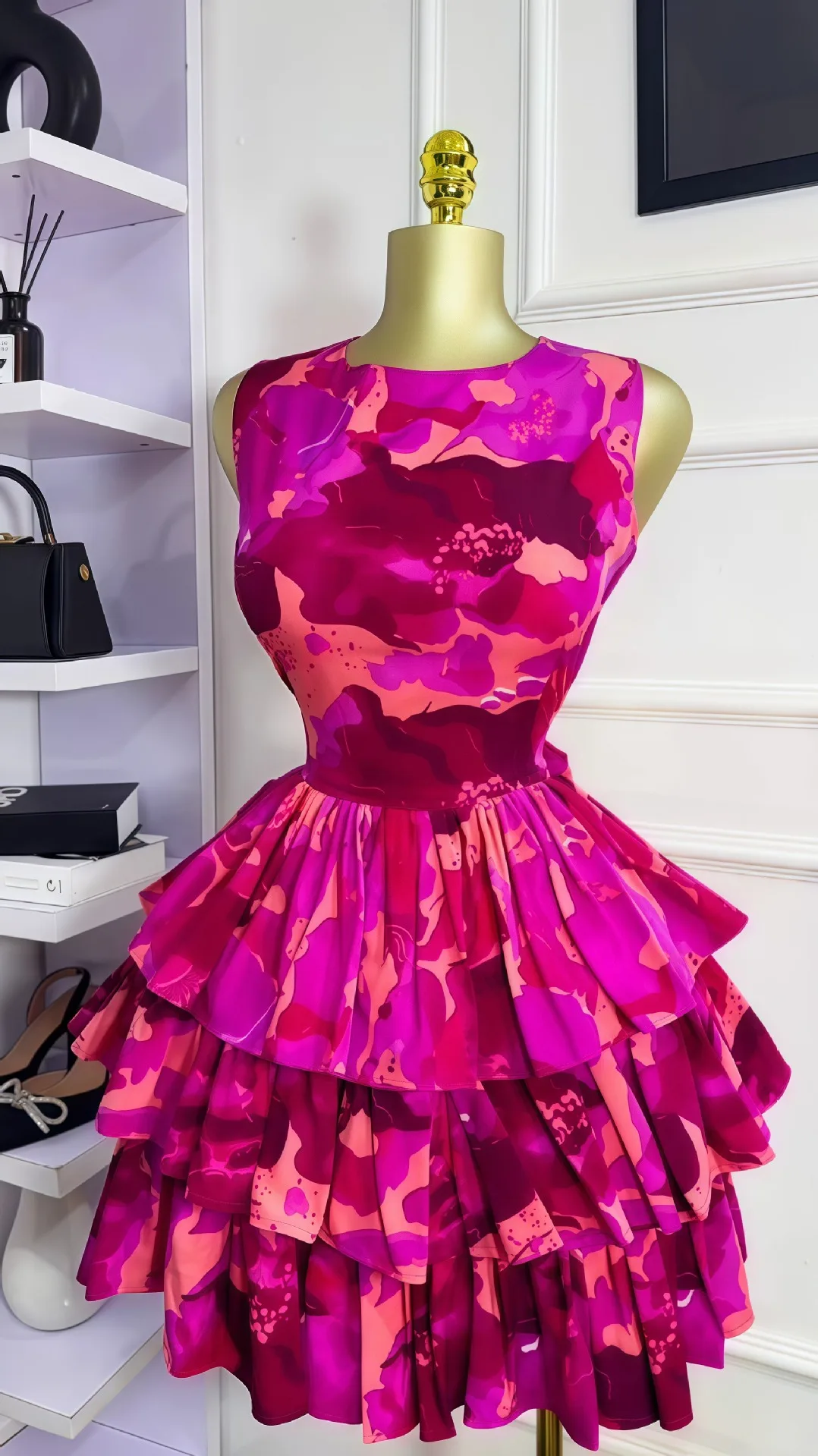 GLCMYAYA Women Floral Printed Sleeveless Cascading Ruffles Big Swing Ball Gown Dress 2025 Beach Vacation Holiday Vestido Dresses