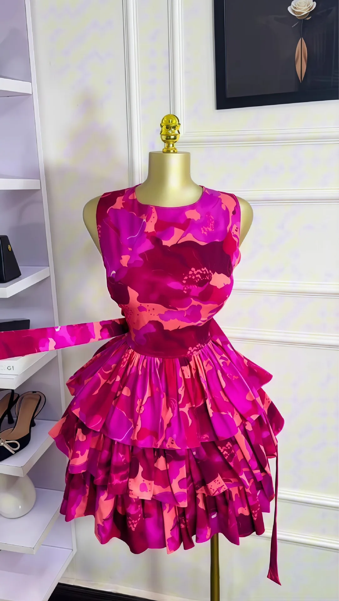 GLCMYAYA Women Floral Printed Sleeveless Cascading Ruffles Big Swing Ball Gown Dress 2025 Beach Vacation Holiday Vestido Dresses
