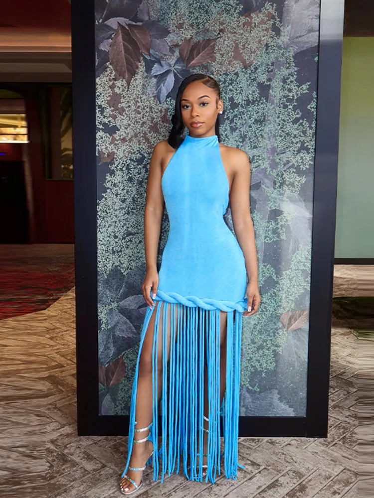 Women Blue Halter Neck Fringe Dress Chic Sleeveless Braided Trim Bodycon Vestido Beach Style Holiday Robe Party Evening Gowns