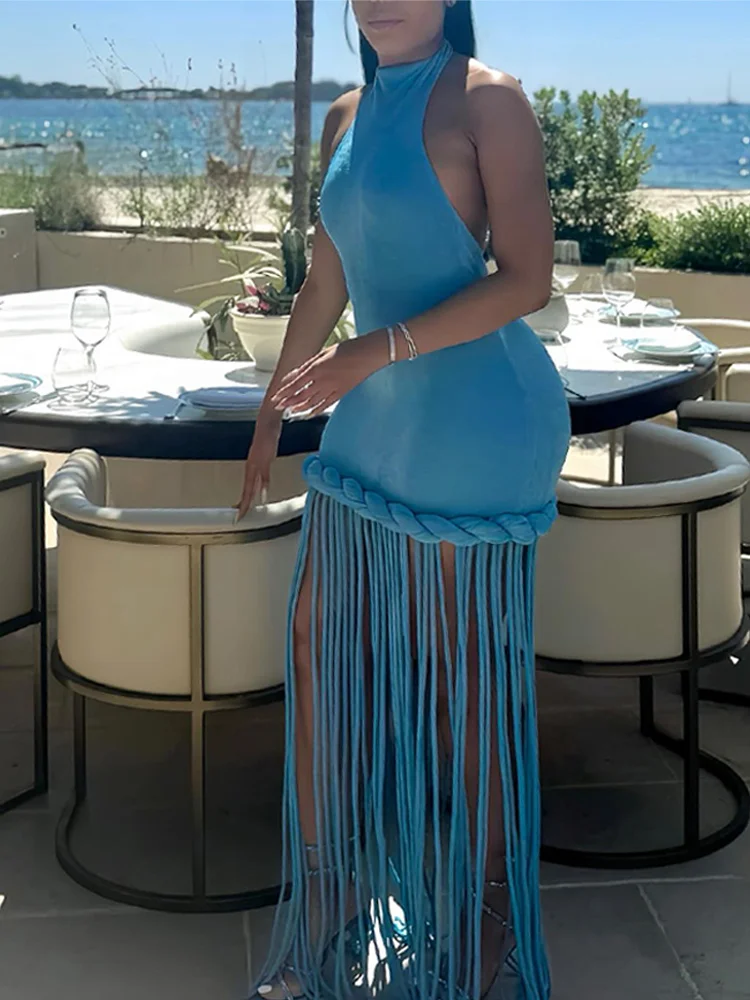 Women Blue Halter Neck Fringe Dress Chic Sleeveless Braided Trim Bodycon Vestido Beach Style Holiday Robe Party Evening Gowns