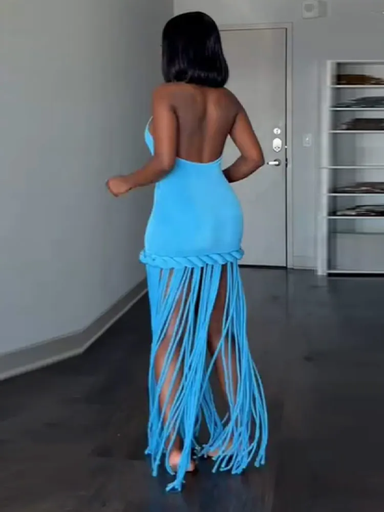 Women Blue Halter Neck Fringe Dress Chic Sleeveless Braided Trim Bodycon Vestido Beach Style Holiday Robe Party Evening Gowns