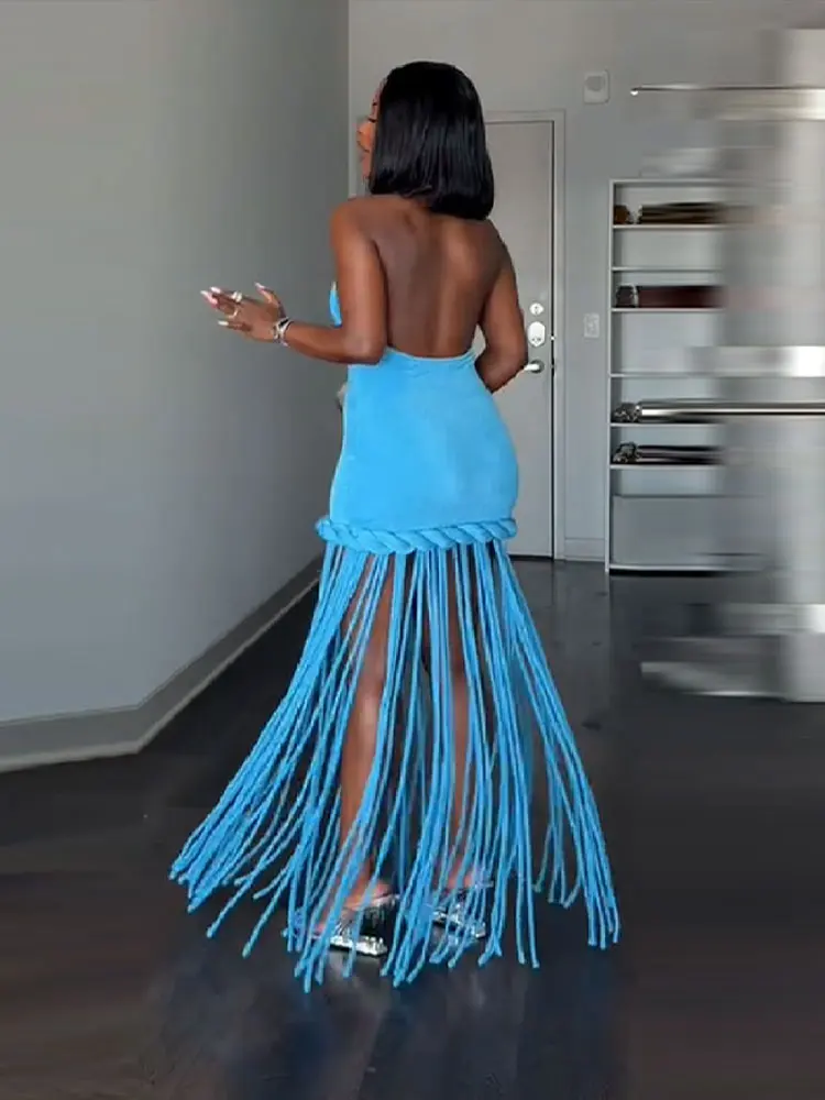 Women Blue Halter Neck Fringe Dress Chic Sleeveless Braided Trim Bodycon Vestido Beach Style Holiday Robe Party Evening Gowns