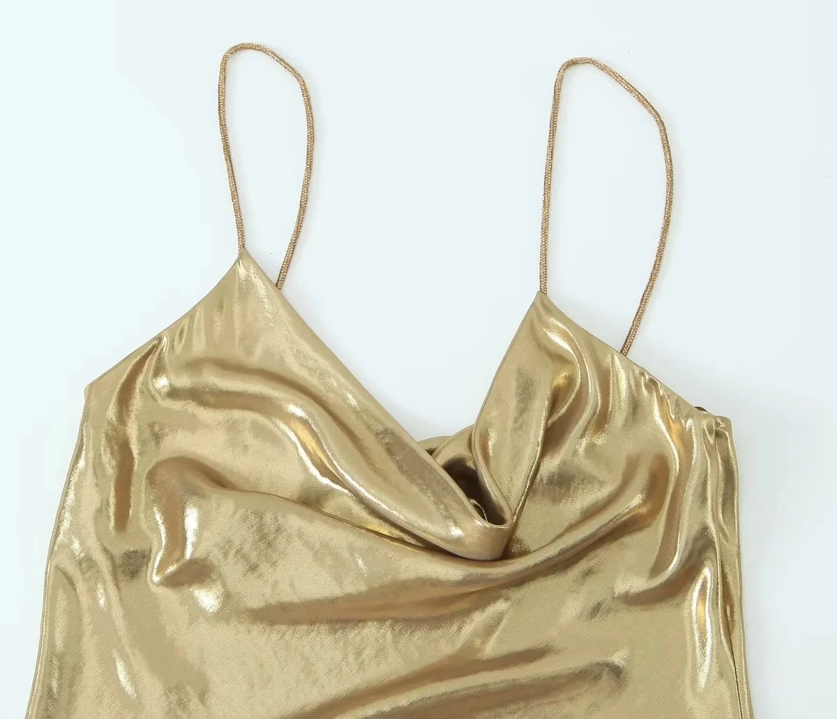 HH Women's Sexy Shinning Metallic Color Slip Mini Dress Woman Fashion Spaghetti Strap Pleated V-neck Slim Party Dresses