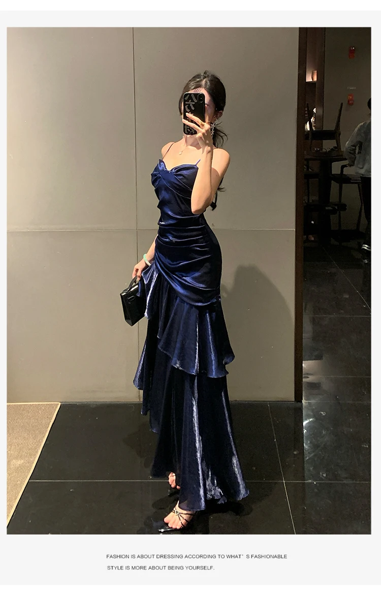 Elegant Sexy Club Evening Party Birthday Dresses for Women Summer Sleeveless Spaghetti Strap Backless Mermaid Ruffled Long Dress