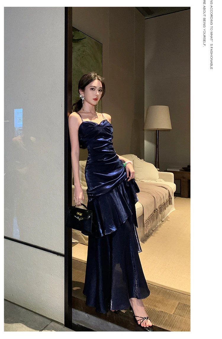 Elegant Sexy Club Evening Party Birthday Dresses for Women Summer Sleeveless Spaghetti Strap Backless Mermaid Ruffled Long Dress