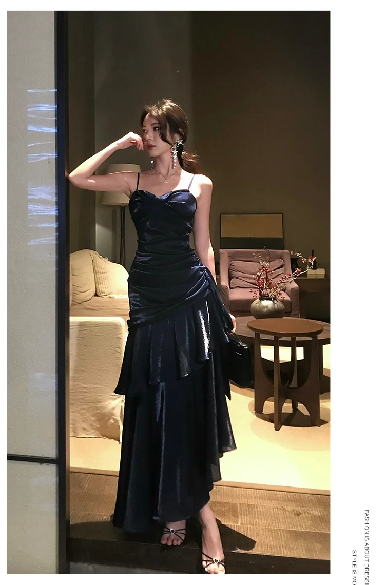Elegant Sexy Club Evening Party Birthday Dresses for Women Summer Sleeveless Spaghetti Strap Backless Mermaid Ruffled Long Dress
