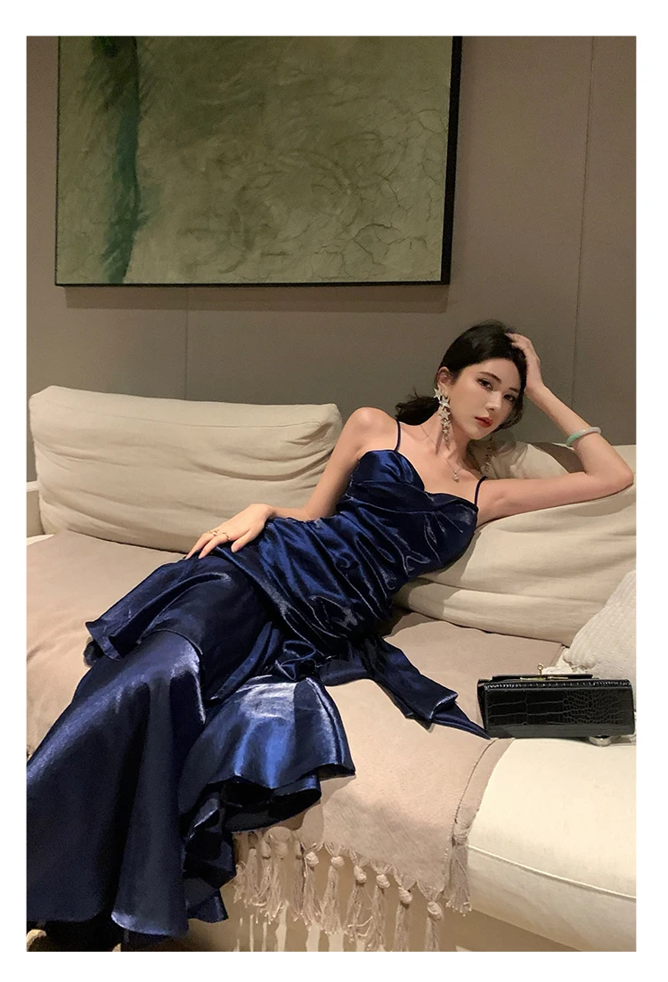 Elegant Sexy Club Evening Party Birthday Dresses for Women Summer Sleeveless Spaghetti Strap Backless Mermaid Ruffled Long Dress