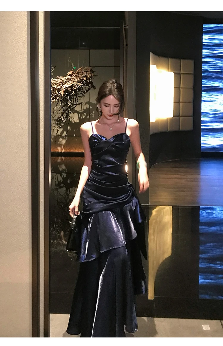 Elegant Sexy Club Evening Party Birthday Dresses for Women Summer Sleeveless Spaghetti Strap Backless Mermaid Ruffled Long Dress
