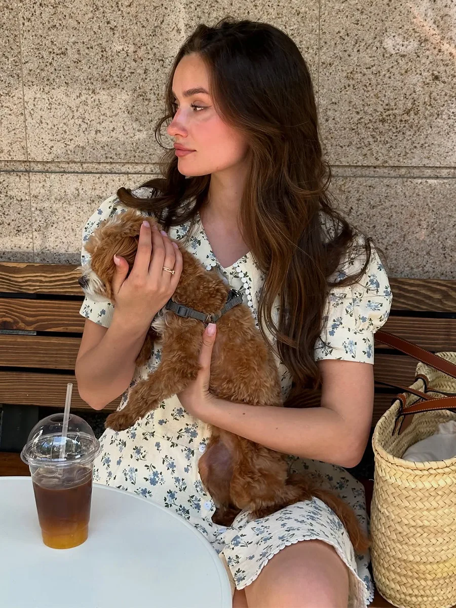 Bornladies 2026 Summer New Floral Short Sleeve Dress Women's Elegant Slim Fit Sweet Button Front Puff Sleeves Mini Dress