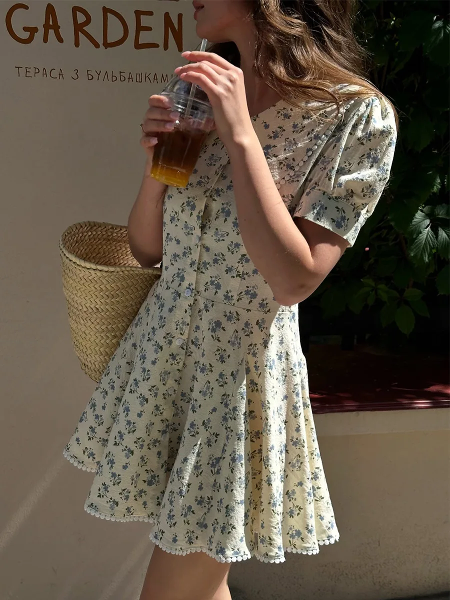 Bornladies 2026 Summer New Floral Short Sleeve Dress Women's Elegant Slim Fit Sweet Button Front Puff Sleeves Mini Dress