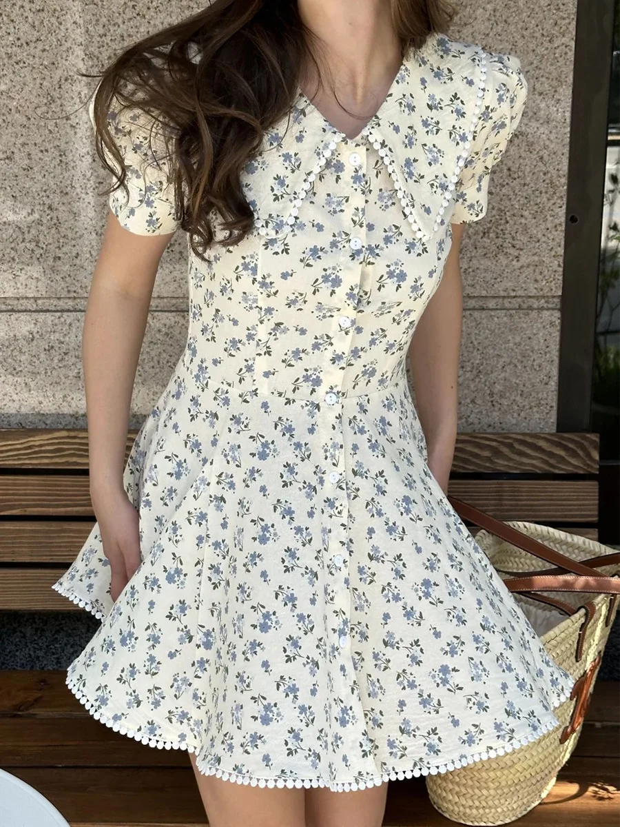 Bornladies 2026 Summer New Floral Short Sleeve Dress Women's Elegant Slim Fit Sweet Button Front Puff Sleeves Mini Dress