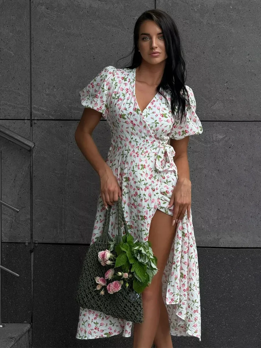 Bornladies Women's 100% Cotton A-Line Midi Dress Summer 2025 Floral Jacquard Elegant Beige Flowy Long Dress for Women