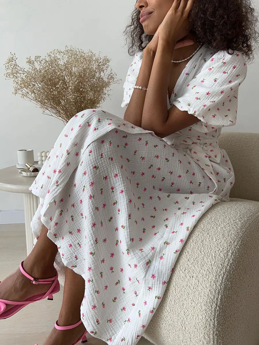 Bornladies Women's 100% Cotton A-Line Midi Dress Summer 2025 Floral Jacquard Elegant Beige Flowy Long Dress for Women
