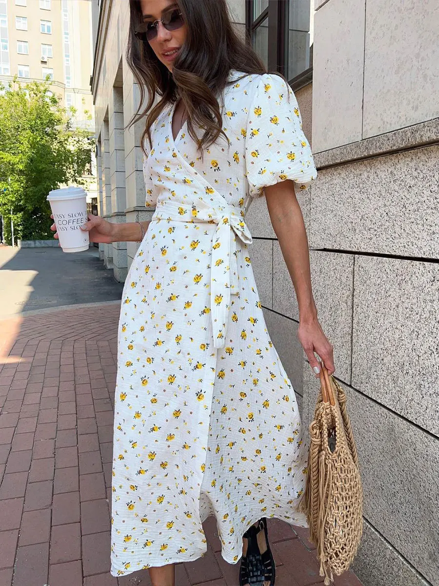 Bornladies Women's 100% Cotton A-Line Midi Dress Summer 2025 Floral Jacquard Elegant Beige Flowy Long Dress for Women