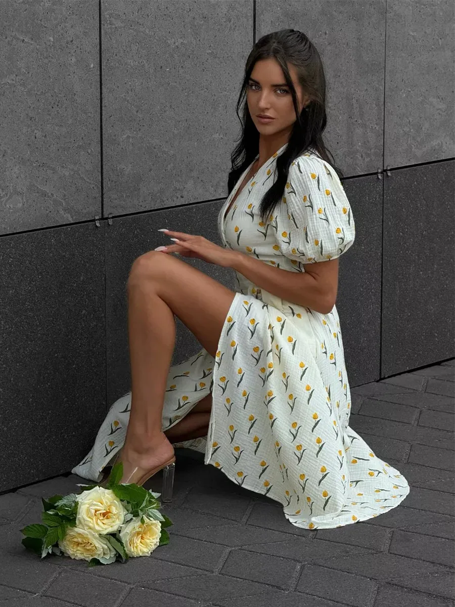 Bornladies Women's 100% Cotton A-Line Midi Dress Summer 2025 Floral Jacquard Elegant Beige Flowy Long Dress for Women