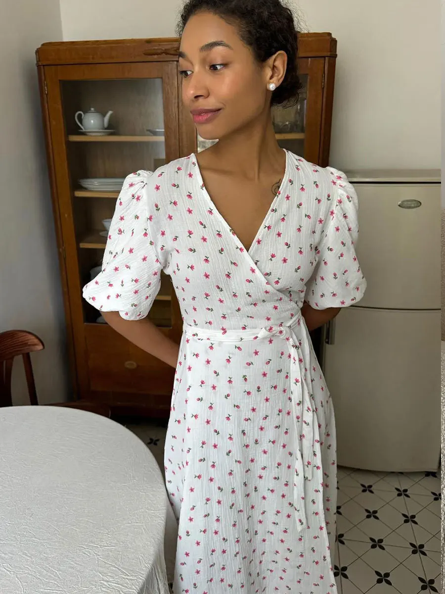 Bornladies Women's 100% Cotton A-Line Midi Dress Summer 2025 Floral Jacquard Elegant Beige Flowy Long Dress for Women