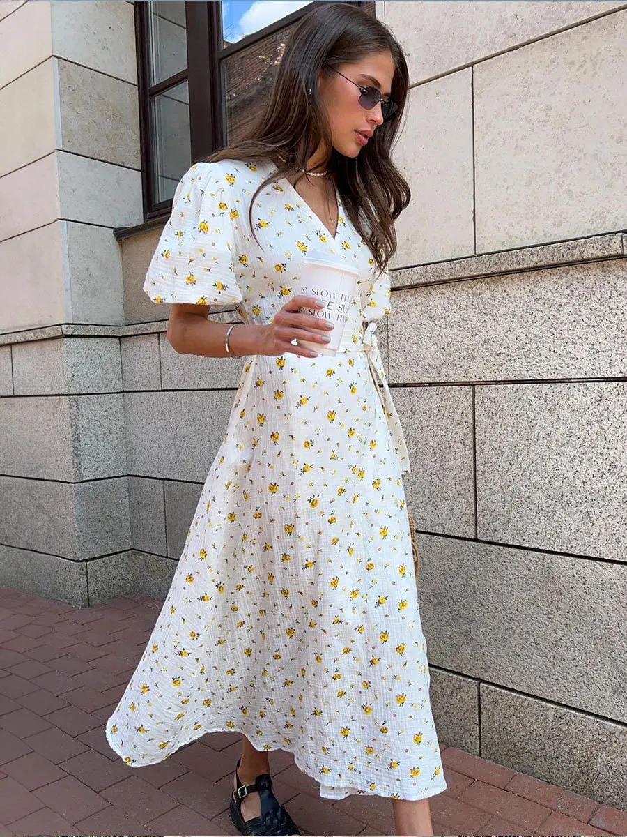Bornladies Women's 100% Cotton A-Line Midi Dress Summer 2025 Floral Jacquard Elegant Beige Flowy Long Dress for Women