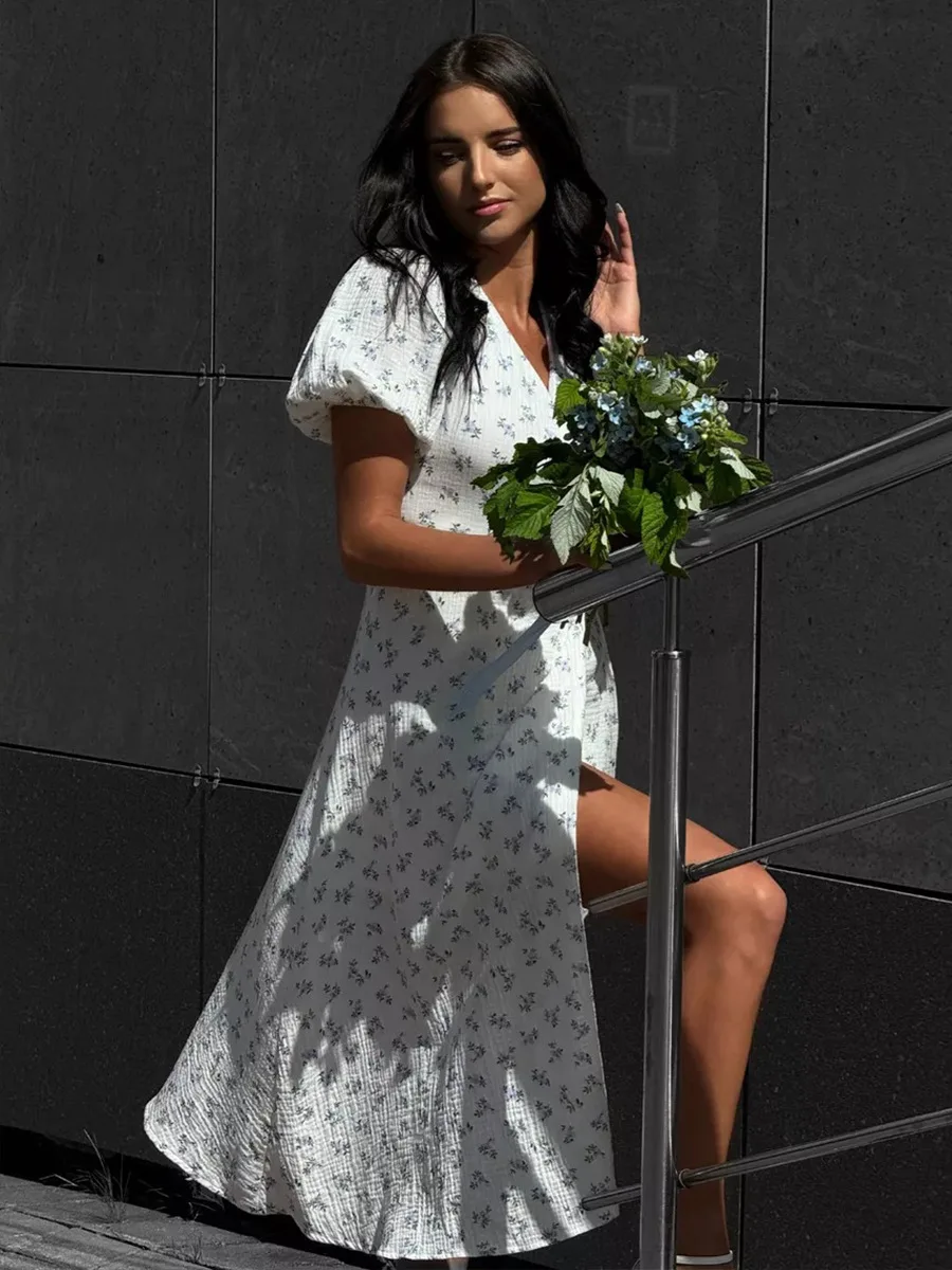 Bornladies Women's 100% Cotton A-Line Midi Dress Summer 2025 Floral Jacquard Elegant Beige Flowy Long Dress for Women