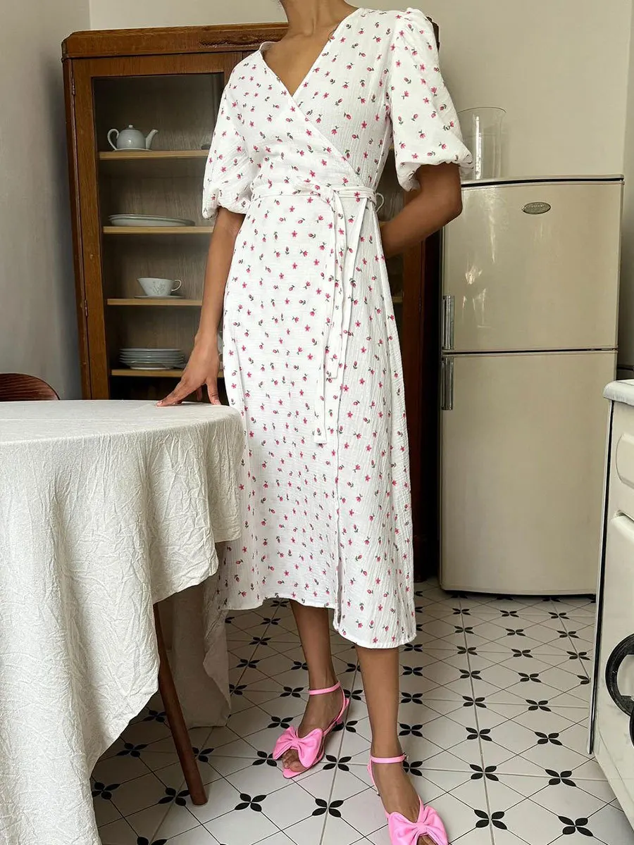 Bornladies Women's 100% Cotton A-Line Midi Dress Summer 2025 Floral Jacquard Elegant Beige Flowy Long Dress for Women