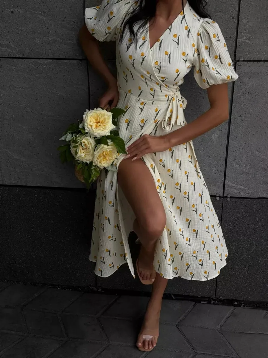 Bornladies Women's 100% Cotton A-Line Midi Dress Summer 2025 Floral Jacquard Elegant Beige Flowy Long Dress for Women