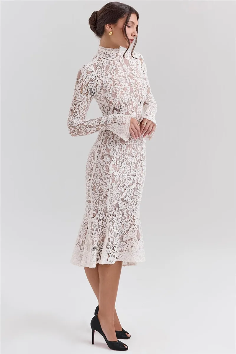 Mozision Lace Long Sleeve Sexy Midi Dress For Women Elegant White Half High Collar High Waist Bodycon Club Party Sexy Long Dress
