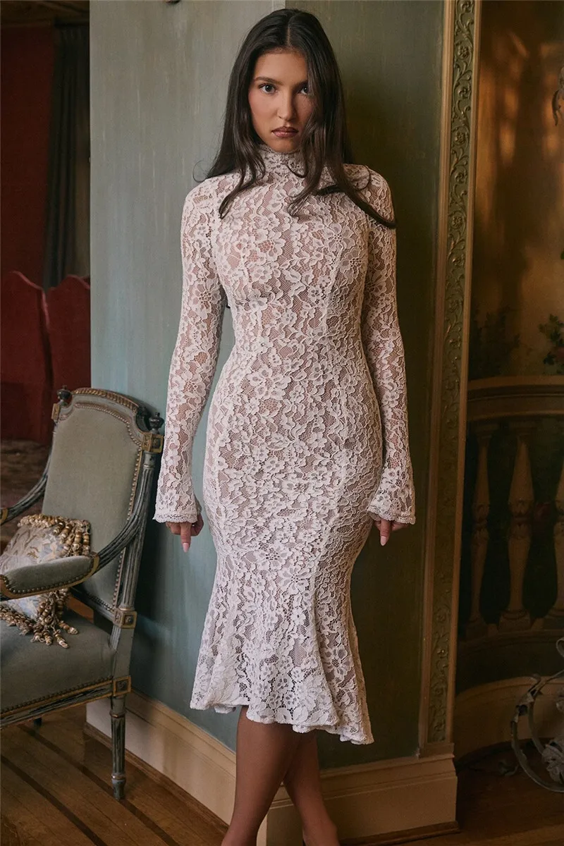 Mozision Lace Long Sleeve Sexy Midi Dress For Women Elegant White Half High Collar High Waist Bodycon Club Party Sexy Long Dress