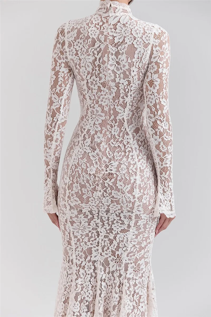 Mozision Lace Long Sleeve Sexy Midi Dress For Women Elegant White Half High Collar High Waist Bodycon Club Party Sexy Long Dress