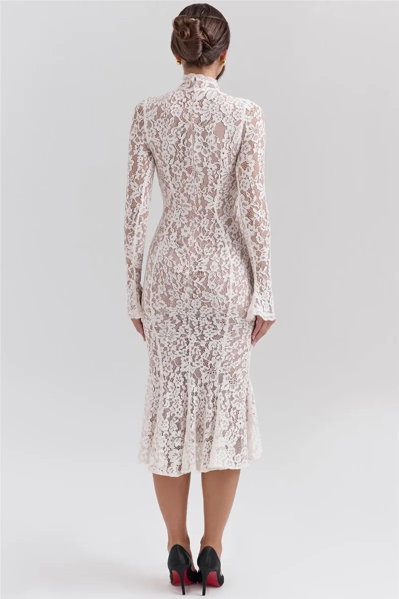 Mozision Lace Long Sleeve Sexy Midi Dress For Women Elegant White Half High Collar High Waist Bodycon Club Party Sexy Long Dress