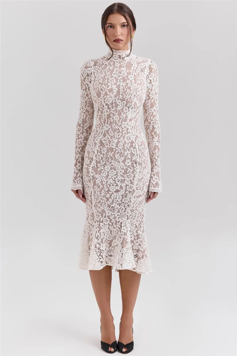 Mozision Lace Long Sleeve Sexy Midi Dress For Women Elegant White Half High Collar High Waist Bodycon Club Party Sexy Long Dress