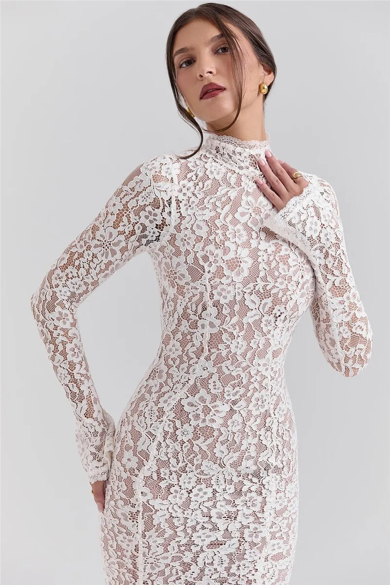 Mozision Lace Long Sleeve Sexy Midi Dress For Women Elegant White Half High Collar High Waist Bodycon Club Party Sexy Long Dress