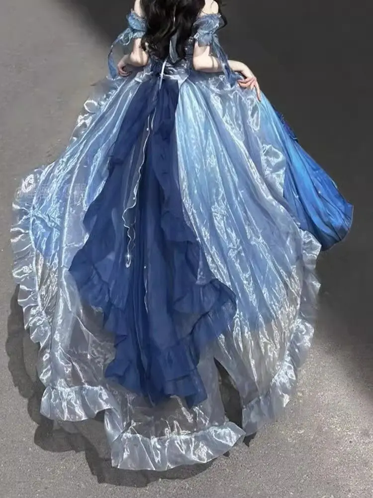 Dophee Original Lolita Trailing Puffy Dress Women Short Front Long Back Princess Blue Flower Wedding Dress Elegant Off Shoulder